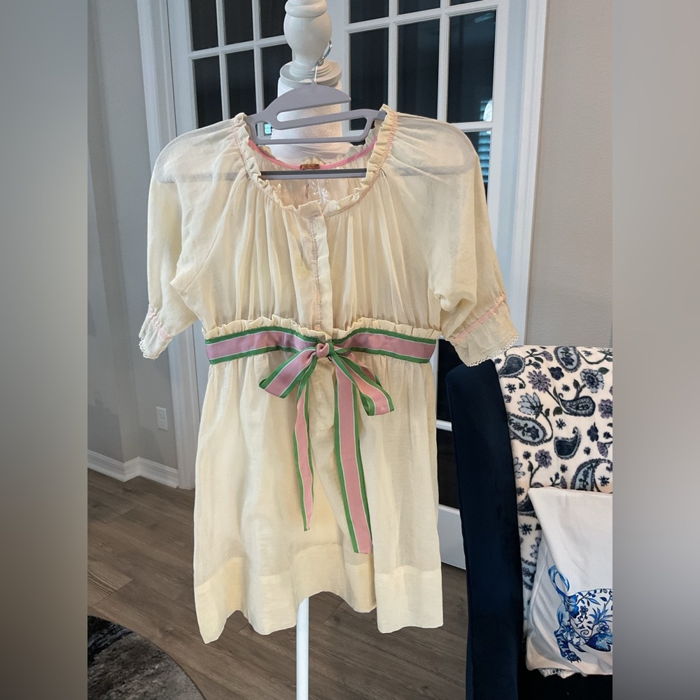 NWT Free People Cream Gauze Empire Waist Tunic Blouse – Pink & Green Ribbon - Picture 10 of 16